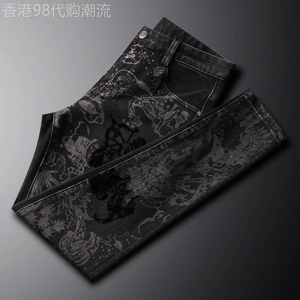 法国高端进口品牌印花黑色牛仔裤男士修身小直脚秋季新款休闲裤子