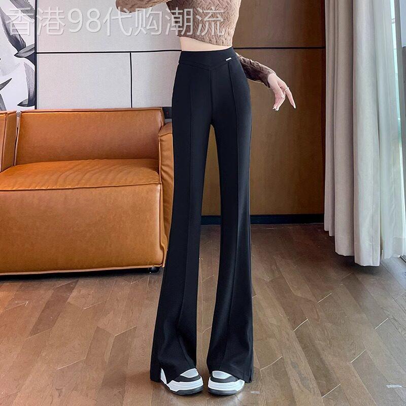 黑色微喇西装裤女2026新款春秋季高腰修身垂感休闲开叉喇叭拖地裤