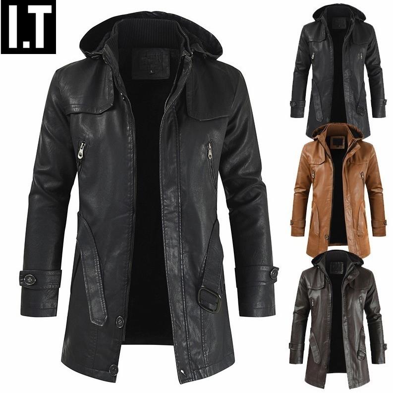 欧美大码连帽真皮皮衣男秋冬季中长款机车服风衣加绒加厚大衣外套