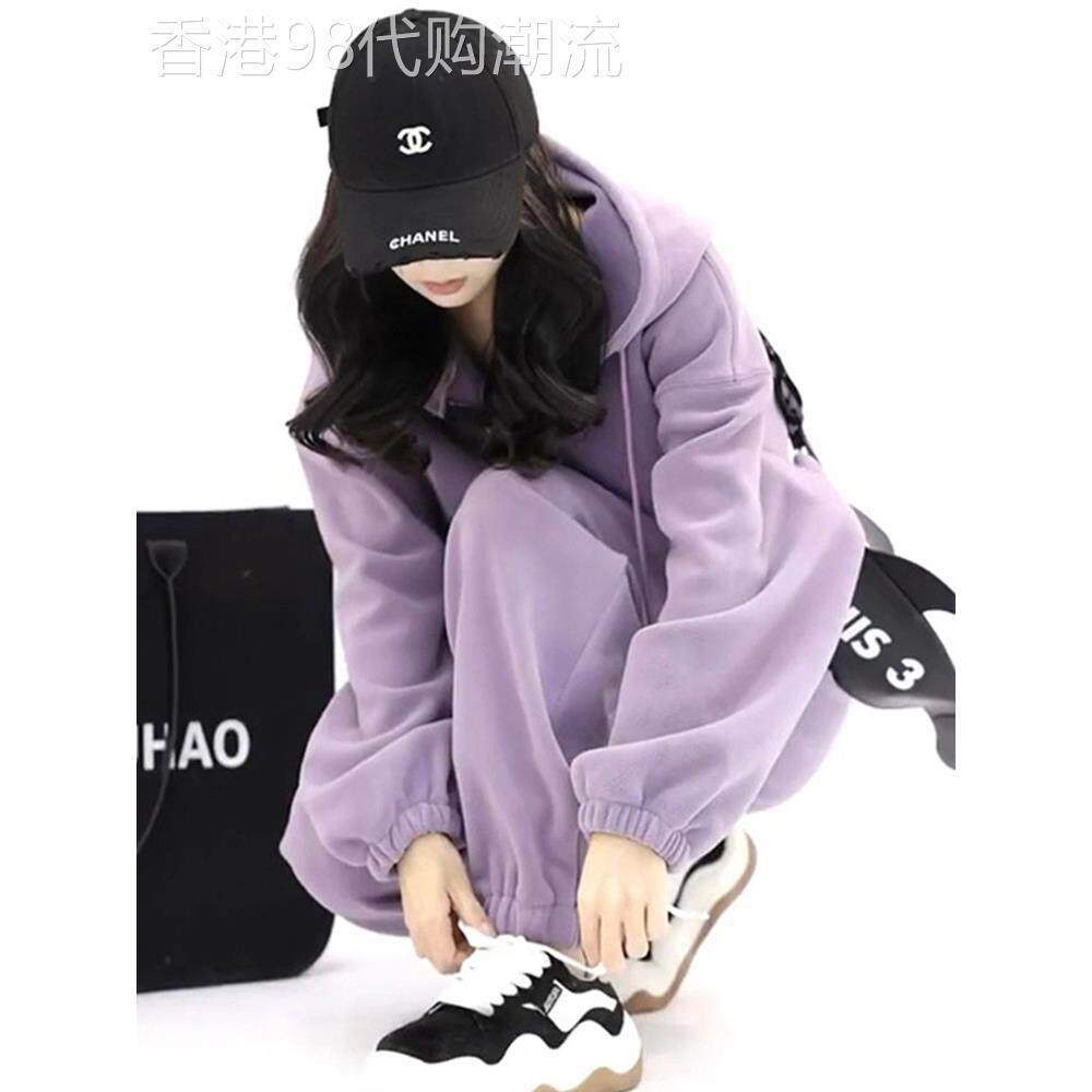 欧洲站休闲运动套装女2025新款春秋季洋气连帽卫衣紫色跑步两件套
