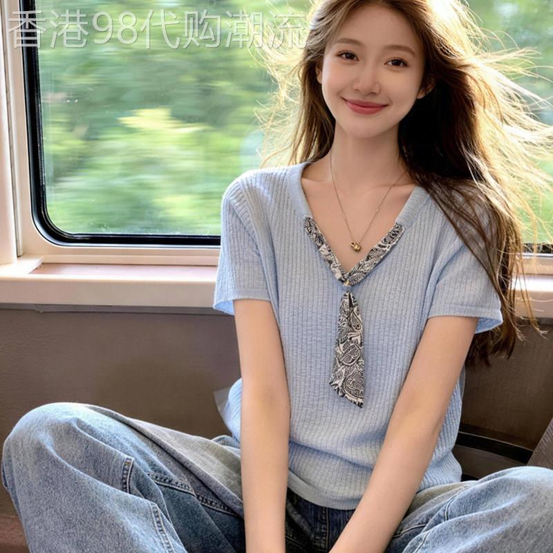 潮牌设计感V领丝巾系带上衣女夏季大尺码胖妹妹韩系时尚显瘦百搭T