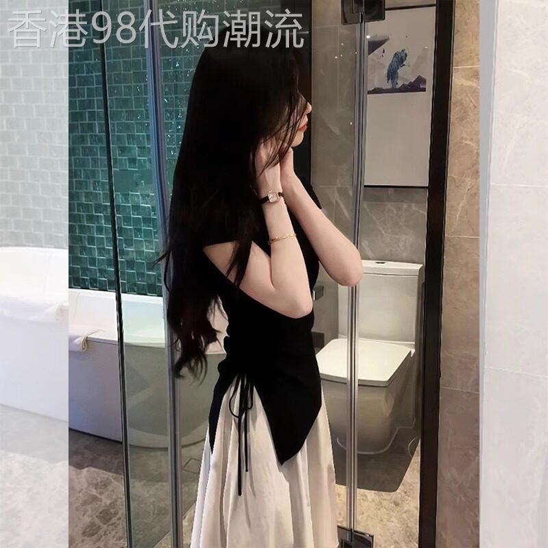 黑色短袖t恤女2026新款夏高端欧货开叉小飞袖冰丝针织短款上衣女