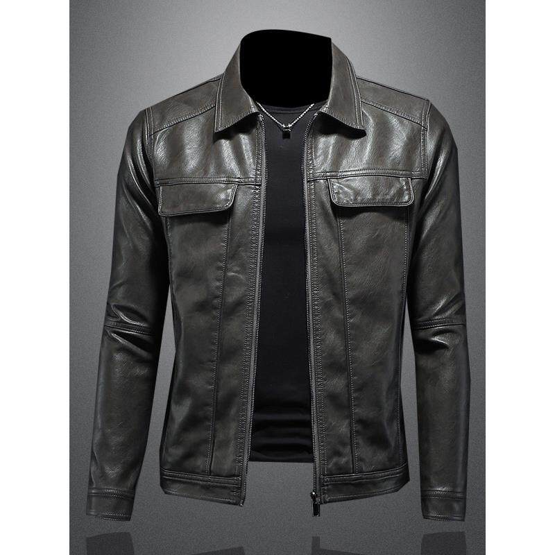 高端翻领皮衣男秋冬加绒韩版百搭机车帅气派克服痞帅修身皮夹克潮