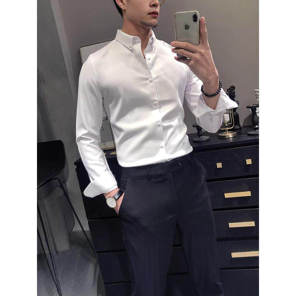 轻奢高端白色衬衫男长袖韩版修身潮流休闲商务免烫抗皱高级感衬衣