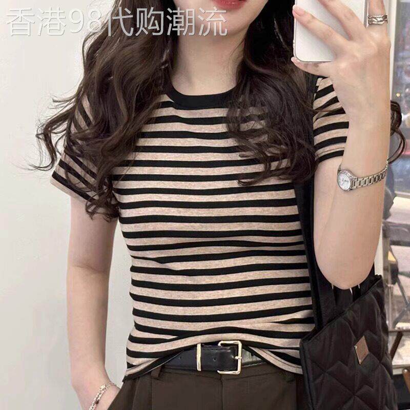 纯棉黑色条纹短袖T恤女夏季2026新款修身显瘦圆领休闲内搭衣上衣