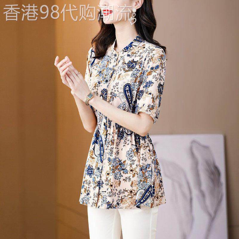 中长版雪纺衬衫女短袖夏季新款大尺码宽松遮肚碎花上衣裙摆洋派小