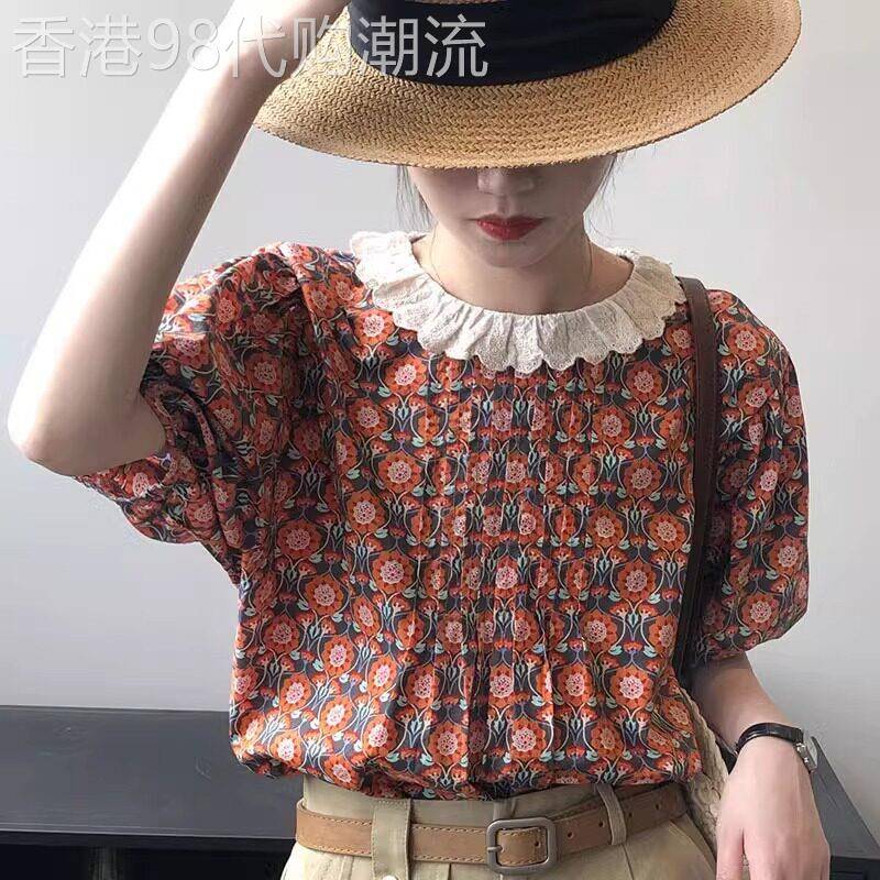碎花雪纺衬衫女夏季短袖2026新款蕾丝花边娃娃衫法式泡泡袖短上衣