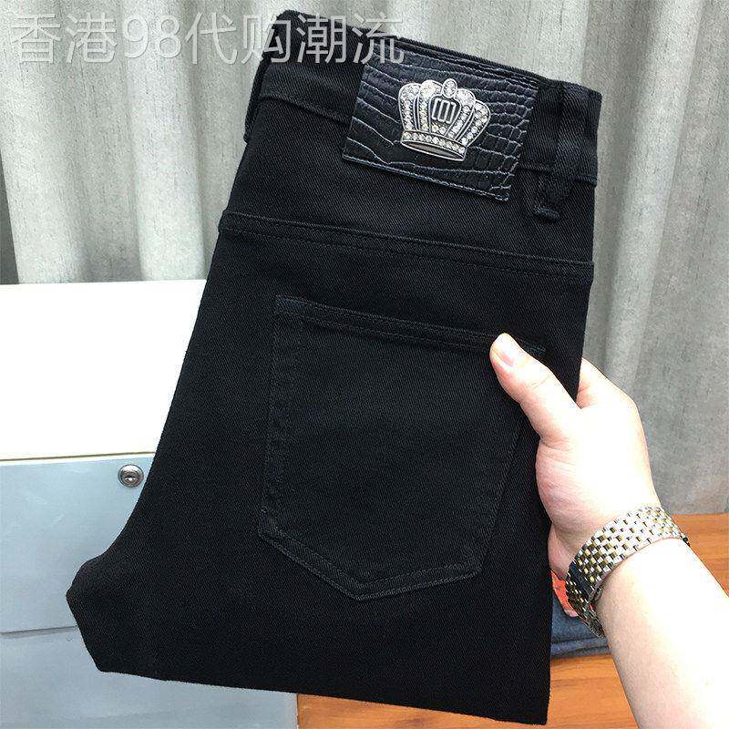 秋冬新款皇冠黑色牛仔长裤男欧货纯黑直筒休闲百搭修身小脚九分裤