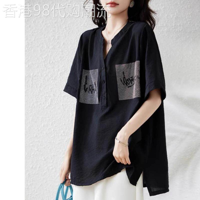 黑色短袖衬衫女夏季新款大码宽松时尚V领烫钻字母女士T恤小衫上衣