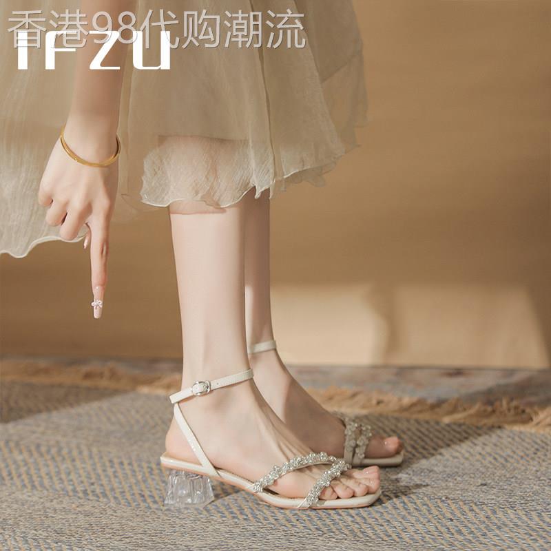真皮粗跟罗马凉鞋女夏季2026新款仙女风水钻一字带中跟防滑高跟鞋