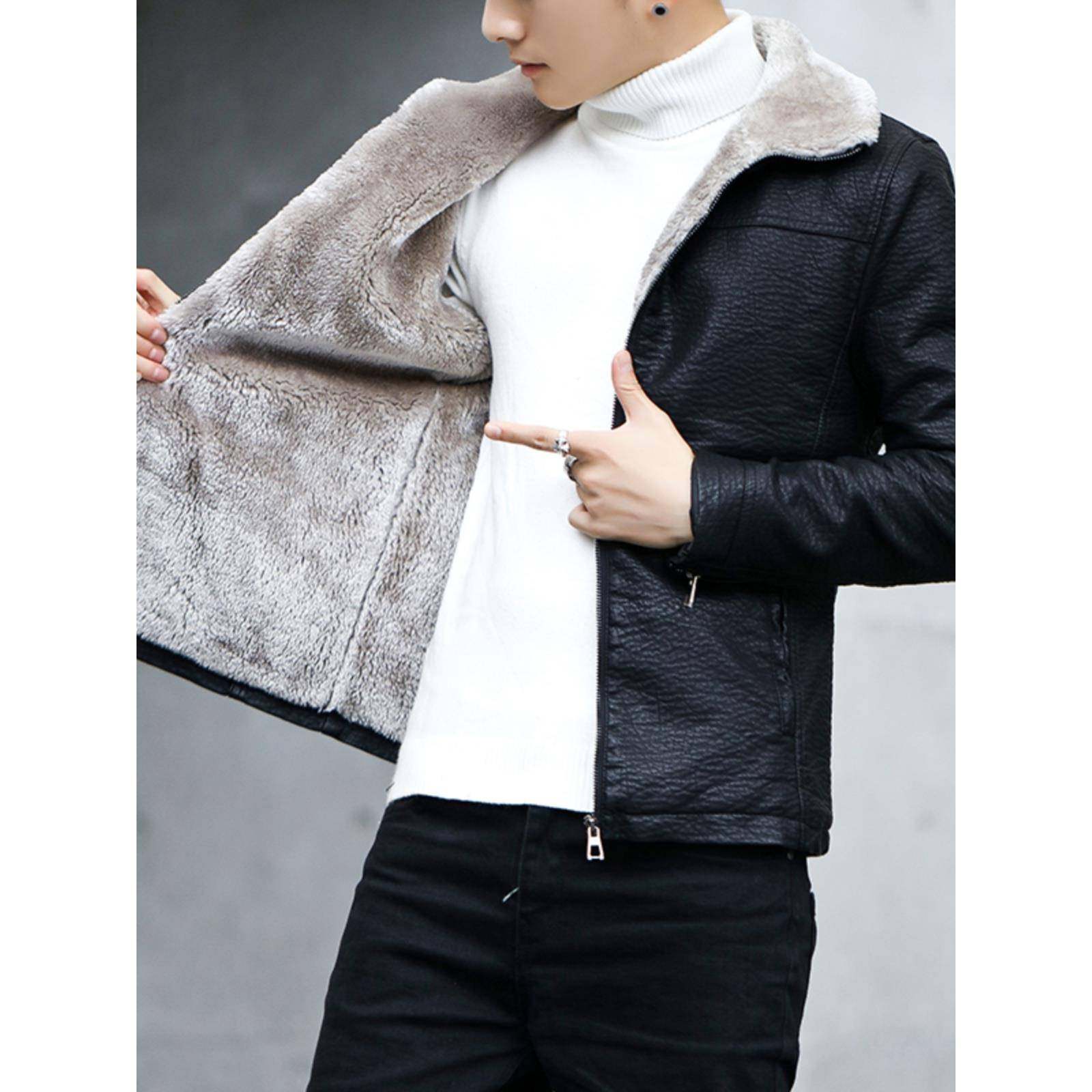 皮衣男冬季加绒加厚修身韩版潮流帅气羊羔绒毛夹克皮毛一体男外套