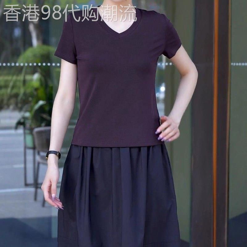 简约V领正肩紫色短袖t恤女2026春夏新款欧货宽松显瘦大尺码百搭上