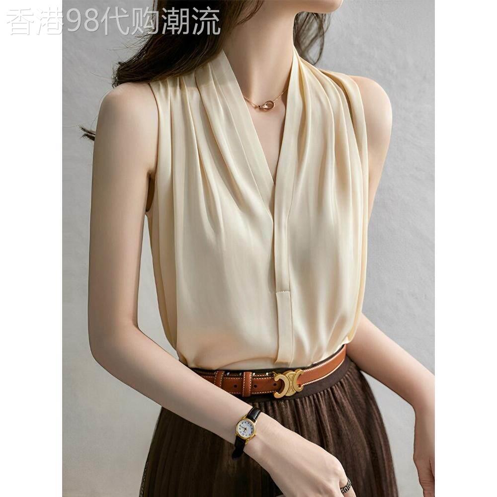 醋酸雪纺衬衫女夏季2026新款小衫高级感上衣醋酸无袖背心V领衬衫