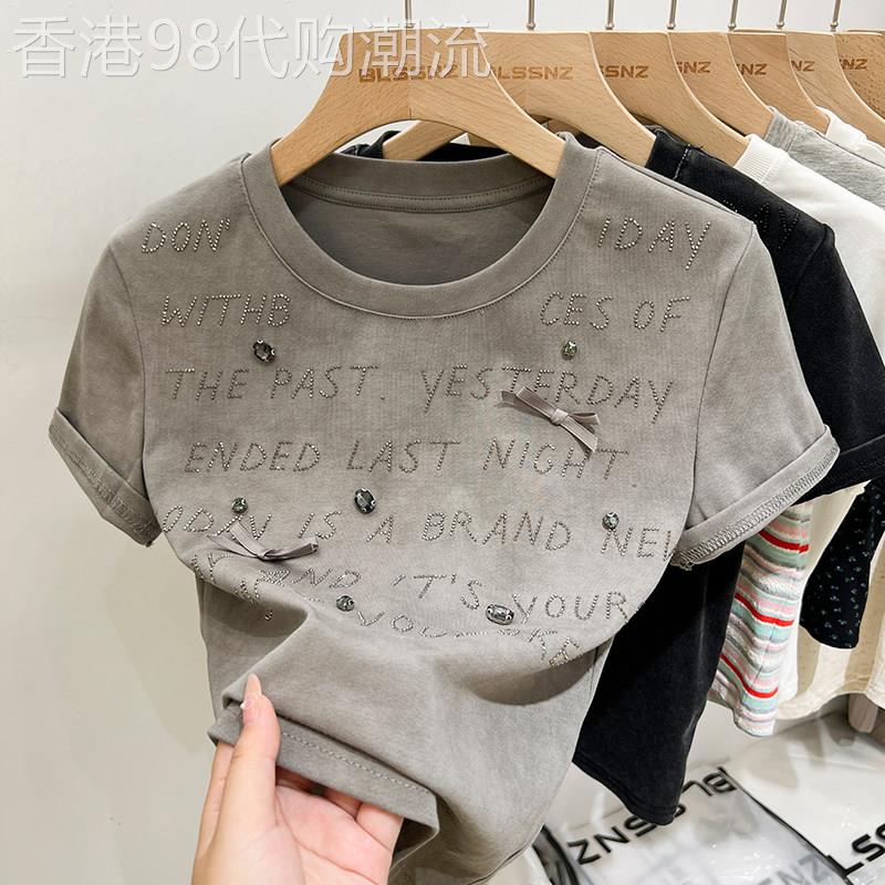 蝴蝶结镶钻灰色纯棉正肩短袖t恤女夏季洋派独特别致上衣修身显瘦