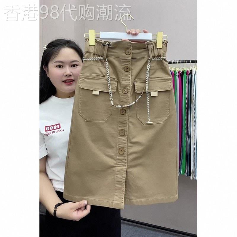 中长款牛仔水洗棉半身裙女士春秋欧货小个子单排扣开叉修身A字裙