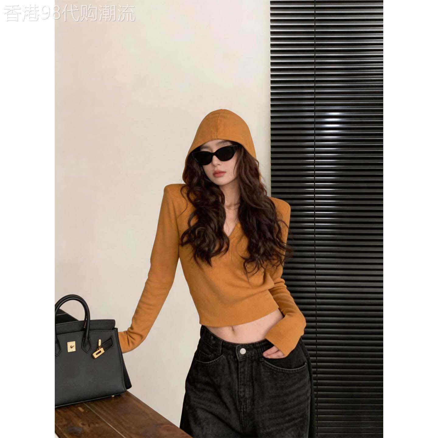 黄色连帽长袖针织衫女春秋欧货修身显瘦短款打底衫美式辣妹上衣潮