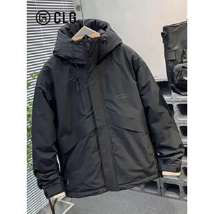 香港CLG潮牌加厚羽绒服冲锋衣冬季男连帽白鸭绒百搭工装纯色短款