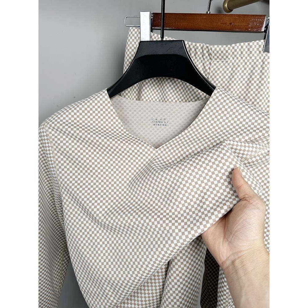 Mostarsea~时尚格子保暖内衣套装男士秋冬季打底无痕德绒秋衣秋裤