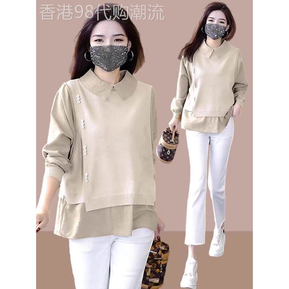 假两件娃娃领长袖衬衫女春秋新款时尚设计感小众女士别致衬衣上衣