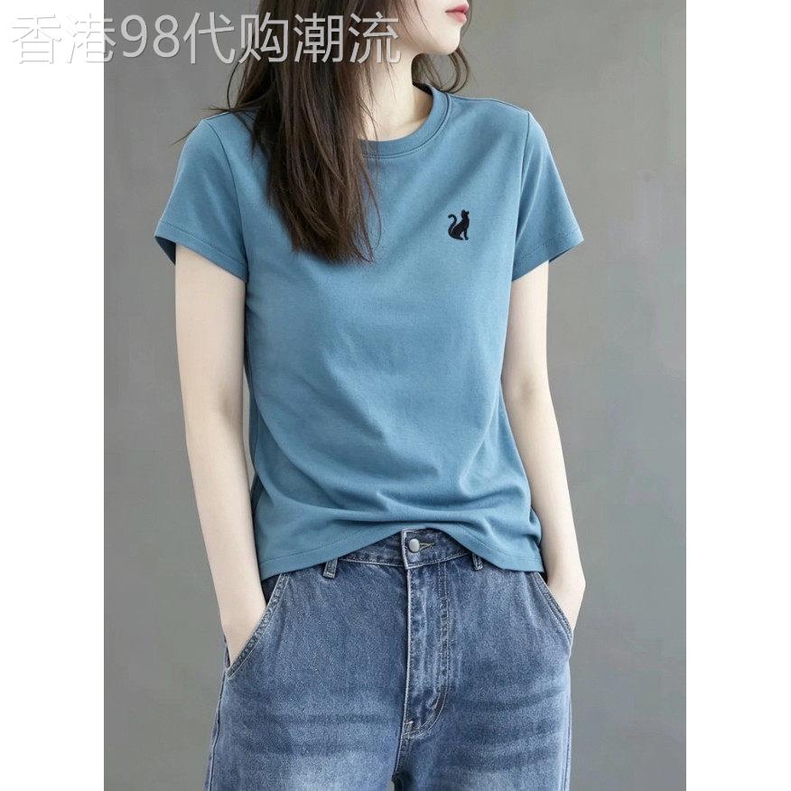 蓝色短袖T恤女夏季2026年新款宽松显瘦休闲字母印花时尚正肩上衣