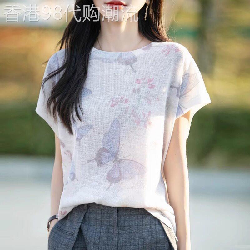 圆领冰麻印花短袖T恤女夏季2026新款设计感无袖别致绝美薄款上衣