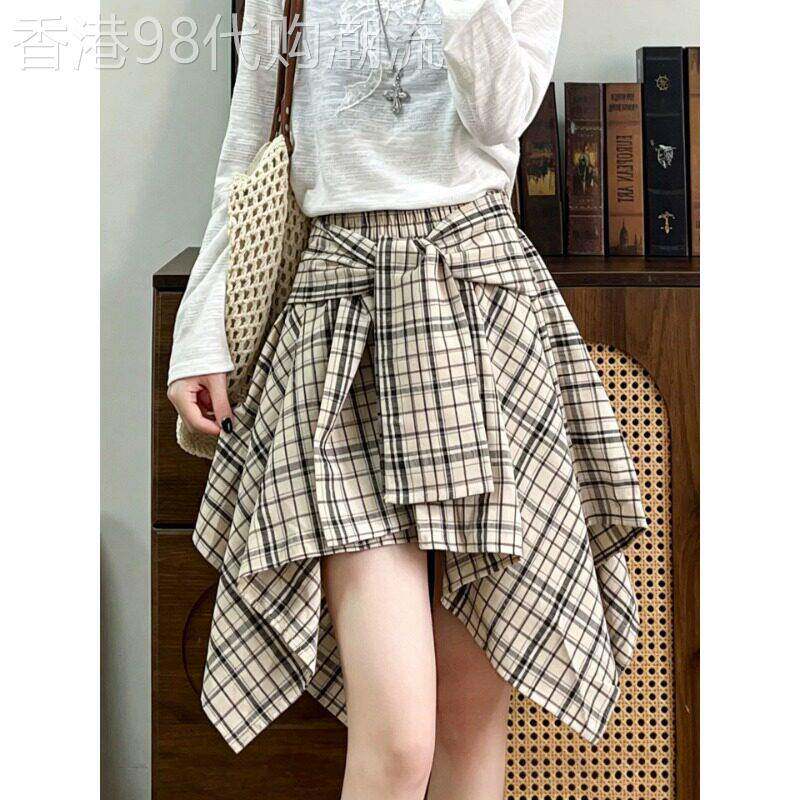 假两件衬衫格子短裙女夏季新款复古半身裙宽松垂坠感休闲阔腿裙裤