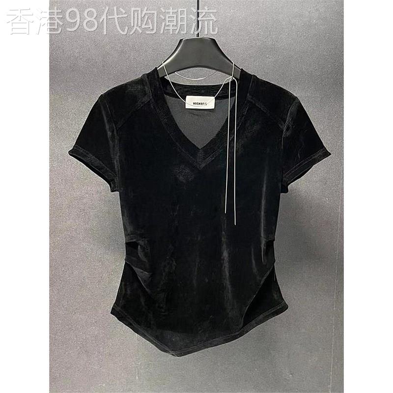 金丝绒V领正肩短袖T恤女夏季欧货时尚收腰修身显瘦鱼骨褶皱上衣