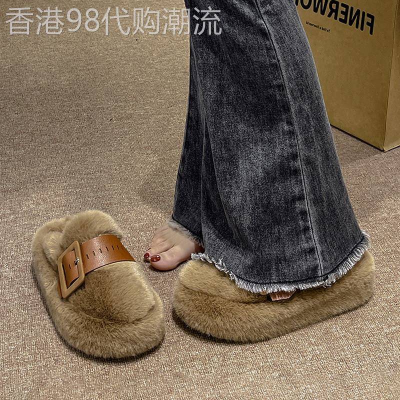 厚底毛毛拖鞋女外穿春秋季2025新款包头半拖鞋高级感家居毛绒棉拖