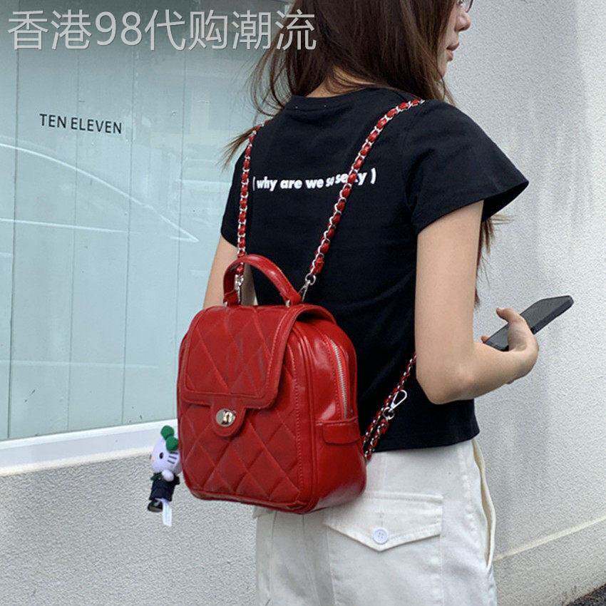 包包女士2025时尚潮流春夏新款红色小香风菱格链条休闲百搭双肩包