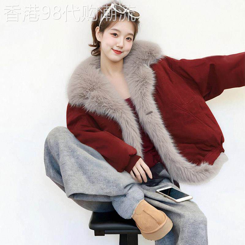 红色仿狐狸毛环保夹克外套女26春小个子短款皮毛一体派克服厚上衣