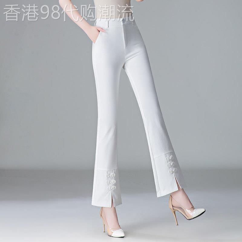 egmg开叉微喇叭裤子女国风休闲西装女裤夏季薄款九分裤小个子喇叭