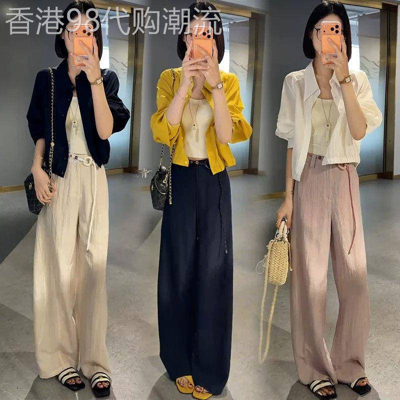 香港代购时尚休闲套装女夏季新款显瘦长袖防晒衬衫阔腿裤子两件套