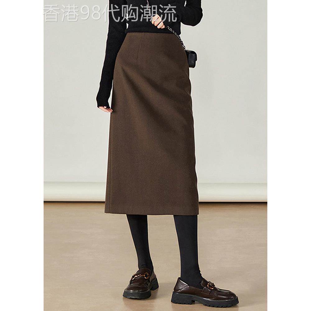 咖色毛呢半身裙女2025秋季新款高腰显瘦直筒开叉一步包臀中长裙子