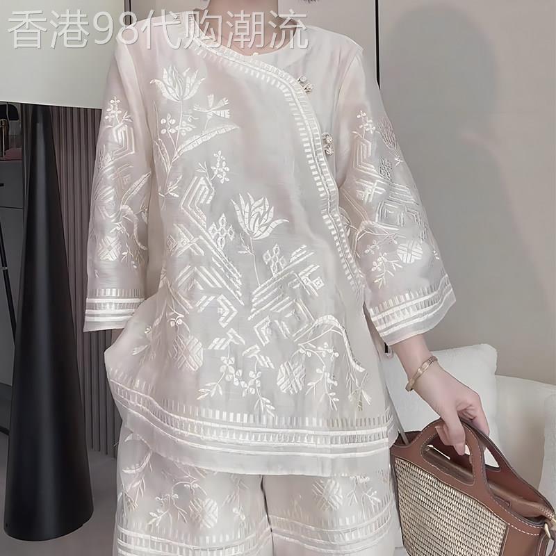 新中式国风印花时尚套装女2025新款夏显瘦宽松盘扣衬衫短裤两件套