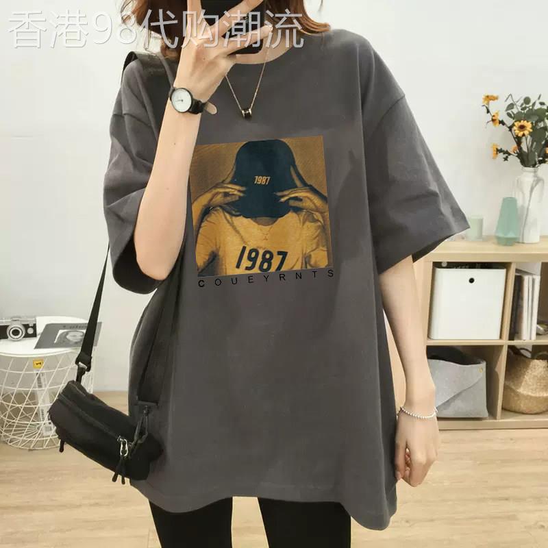 2026年夏季新款灰色宽松中长款短袖T恤女纯棉欧货大版半袖ins上衣