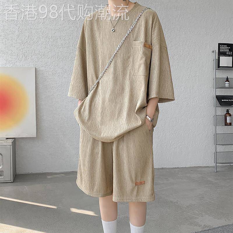冰丝休闲运动套装男夏季薄款潮牌痞帅高级感宽松大码短袖短裤一套