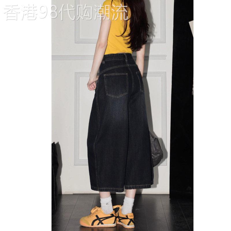 蓝灰色美式宽松牛仔七分裤女夏季新款高街弯刀小个子直筒阔腿五分