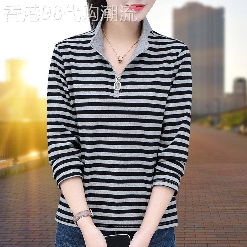 条纹长袖T恤女春秋薄款2026新款中年妈妈时尚半拉炼立领纯棉上衣