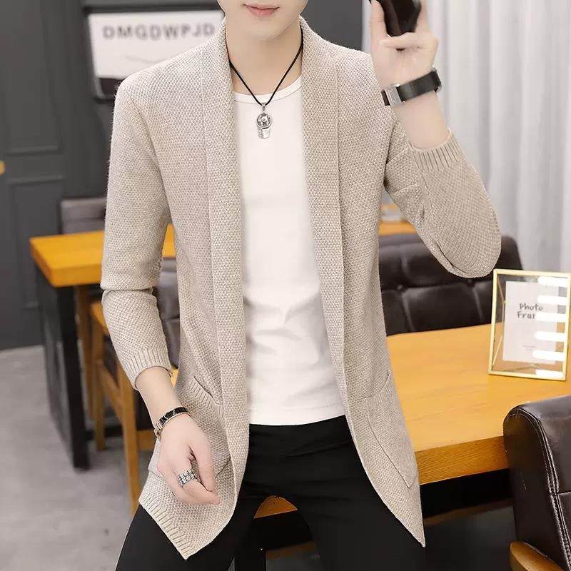 高级感开衫毛衣男春秋新款韩版修身帅气潮流中长款外套翻领针织衫