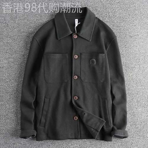 代购新品抗皱肌理针织面料美式复古夹克男 春季轻便刺绣翻领外套