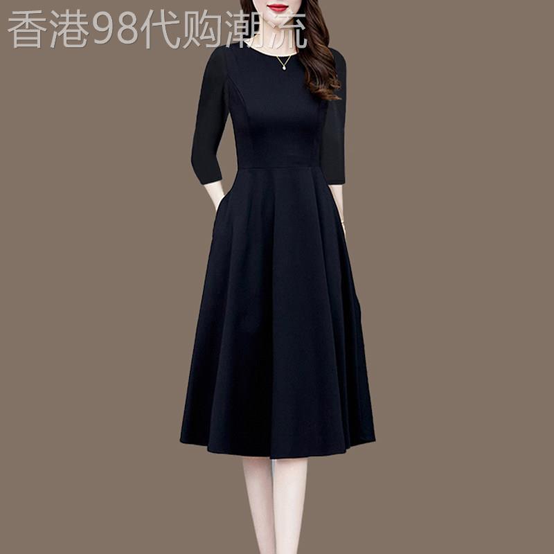 2026春夏季女装新款气质小黑裙中长款春秋中袖修身显瘦黑色连衣裙