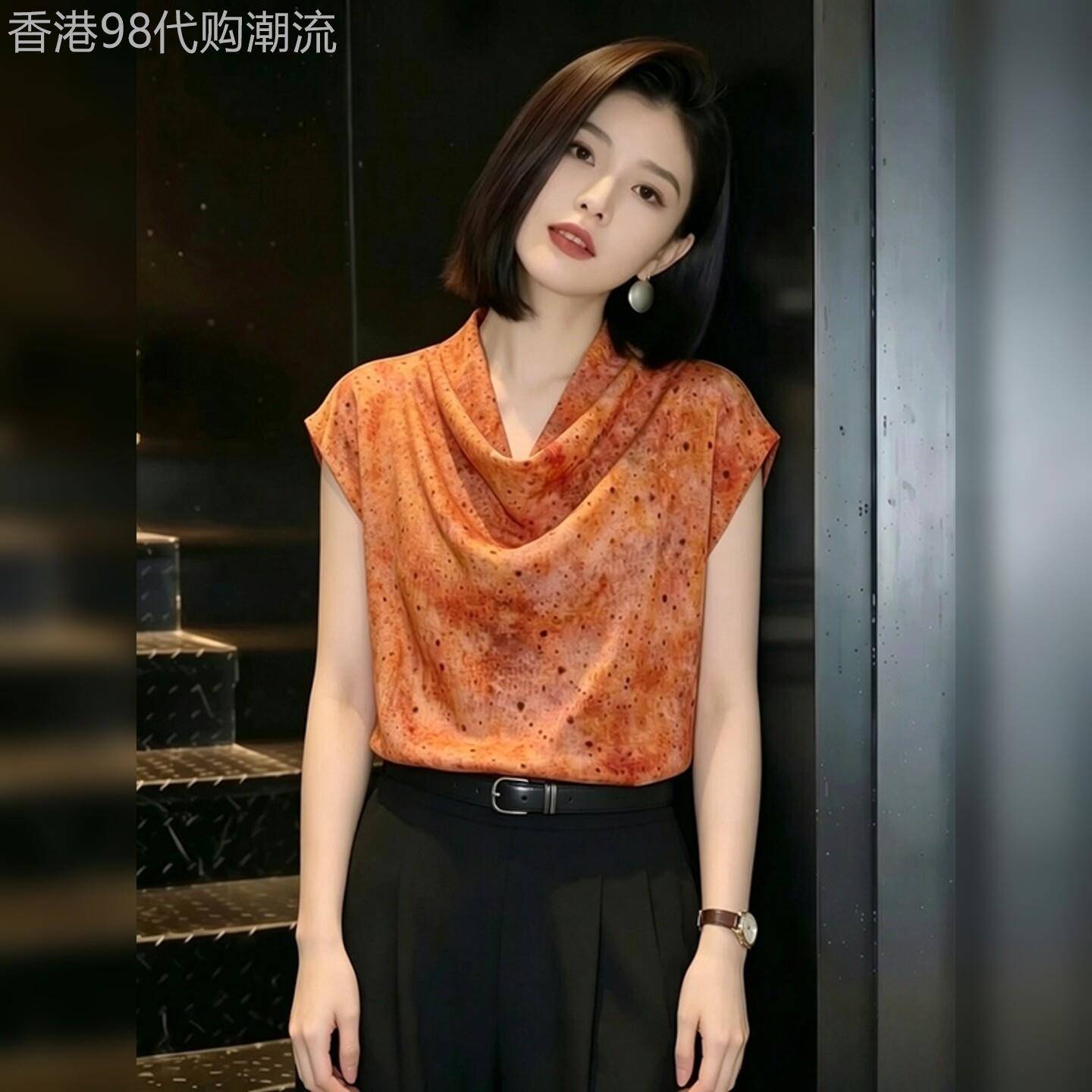 印花无袖垂折领衬衫女新款时尚夏季百搭宽松休闲慵懒气质显瘦上衣