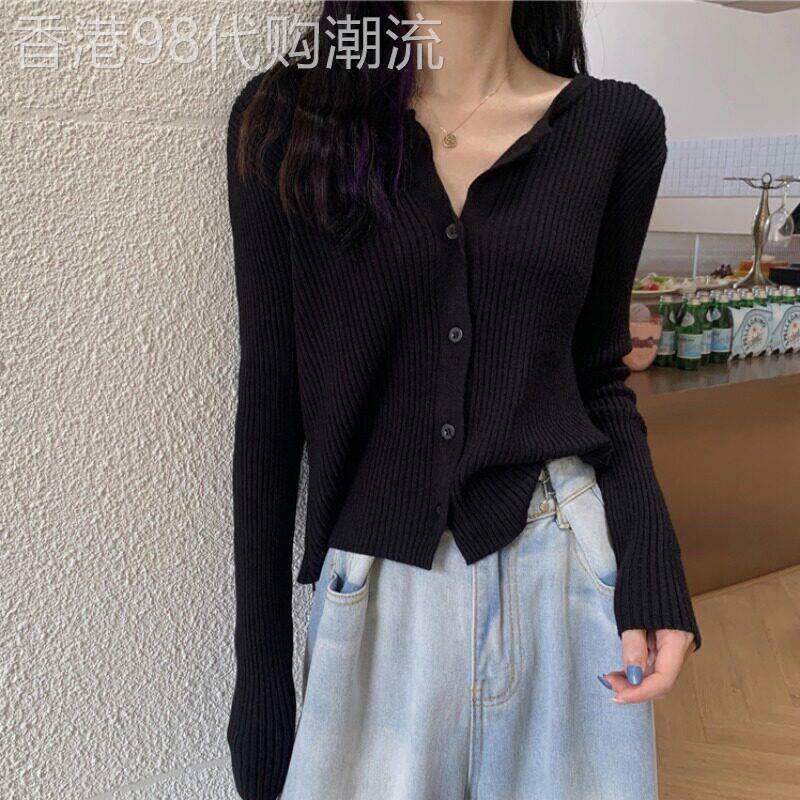 潮牌春秋针织开衫薄款女黑色上衣小外套气质chic长袖毛衣短款外穿