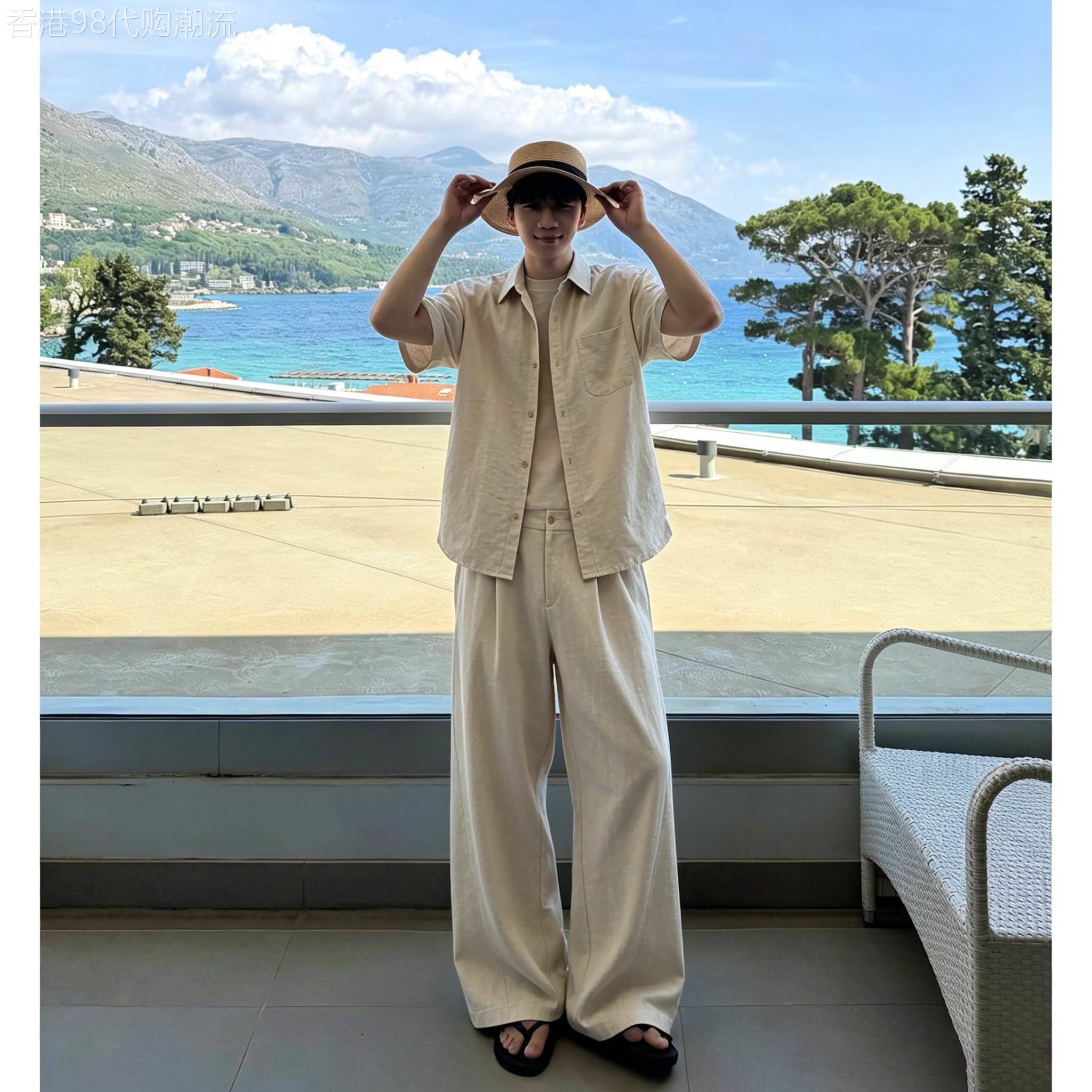 老钱风男装亚麻套装夏季清凉透气短袖防晒衬衫垂感休闲长裤两件套