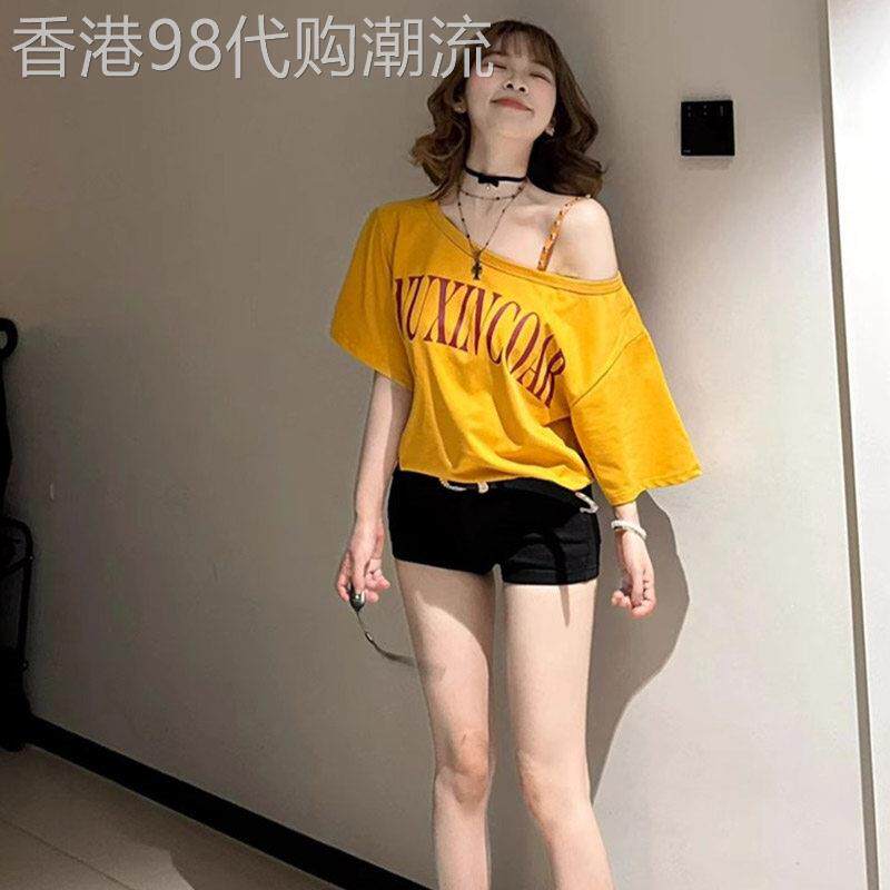 黄色斜肩露肩短袖t恤女夏季欧货美式多巴胺穿搭休闲 宽松绝美上衣