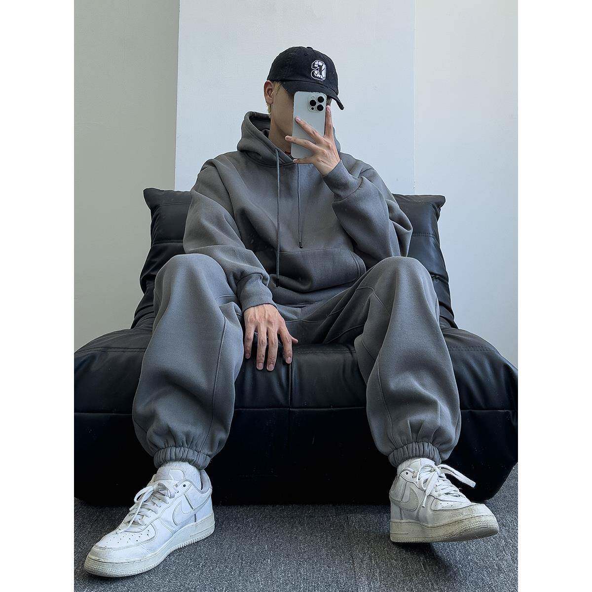 it neith BIAS潮牌灰色高级感街头宽松情侣卫衣运动百搭套装男潮