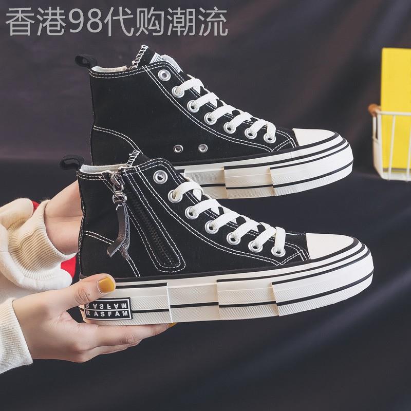 2025年新款侧拉链高帮帆布鞋女厚底松糕跟ulzzang时尚ins黑色板鞋
