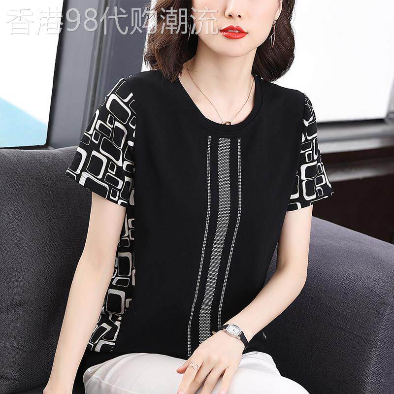 中年妈妈纯棉印花圆领短袖T恤2026夏季新款洋气烫钻大码显瘦上衣