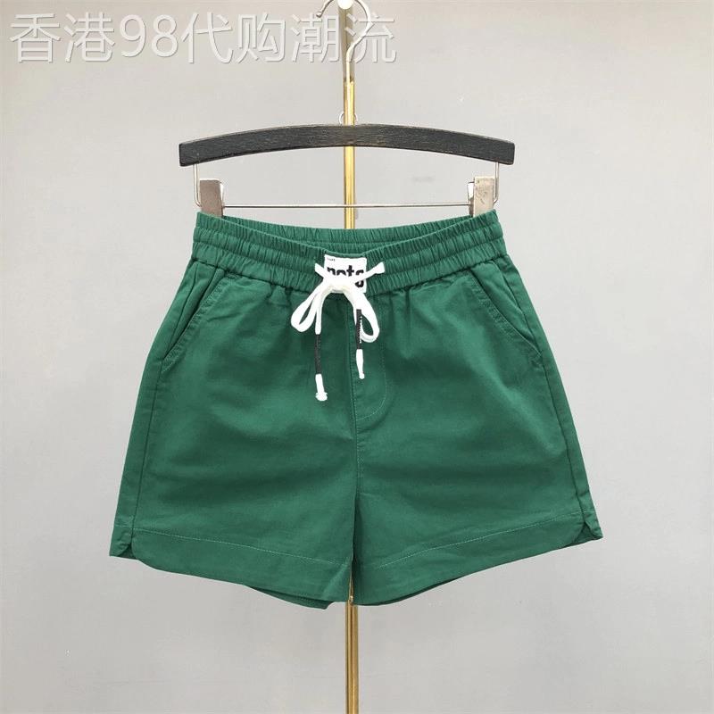 欧货绿色系带松紧腰休闲短裤女2026夏季新款高腰a字纯棉阔腿热裤