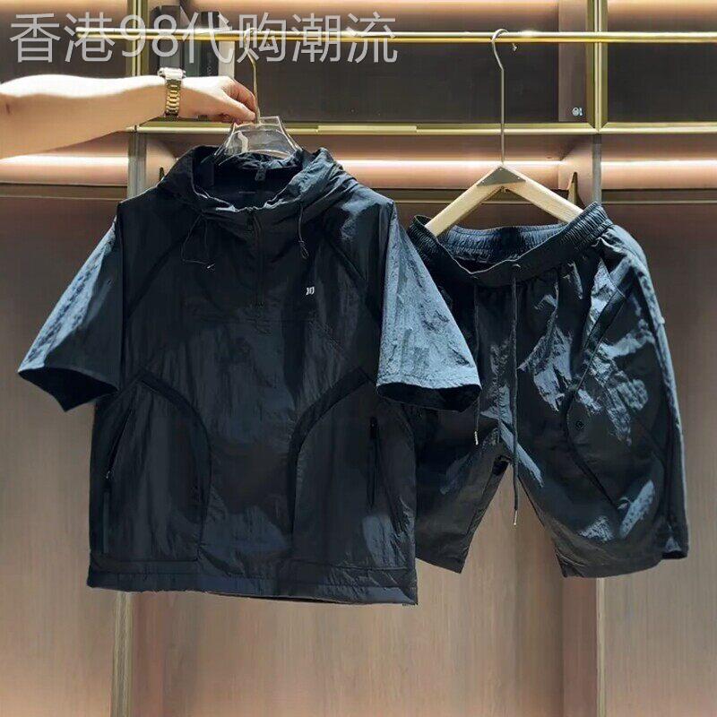 高端运动连帽套装男款夏季2026新款工装短袖T恤休闲裤男士两件套